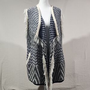 World Market Black, White, & Navy Blue Fringed Sweater Vest Womens One Size Boho